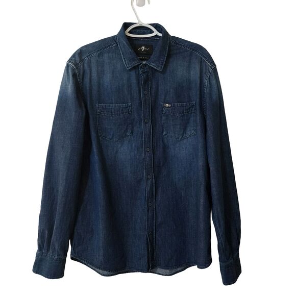 7 for All Mankind Italy Men's Denim Button-Up 2 Pockets Shirt Dark Blue Size XL - Picture 1 of 15